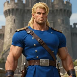 blonde gigachad soldier in ancient castle, wearing blue clothes, herculean bulging muscular figure, beautiful gigachad, soft lighting, highly detailed face!!, sharp focus, artstation, by gaston bussiere, augustus edwin john and john singer sargent and greg rutkowski