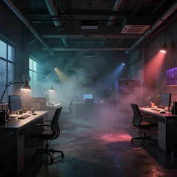Liminal office space, colored lights, fog, scary