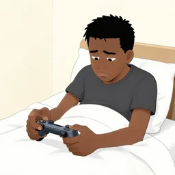 lanky black stoner with bad haircut, sulking in bed playing a video game because he's a moron husband, drawn by charles burns