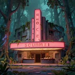 a beautiful detailed render of abandoned building movie house by david hockney, san andreas crystal forest laser vice city futuristic cgsociety bladerunner 2 0 4 9 scumm bar, archdaily, wallpaper, highly detailed, trending on artstation.