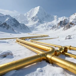 landscape, gold pipelines, snowy mountains. gold pipes. gold tubing. white blue lighting. fantasy, digital painting, hd, detailed.