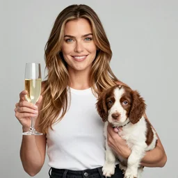 cameron diaz with glass of champagne in her hand and a spaniel puppy on her lap. art nouveau. art by mucha