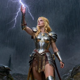 a fully clothed demigoddess in gladiator armor with blond hair standing in a rainstorm raising her hand to summon a streak of lightning from the sky. Detailed masterpiece. Drawn by Norman Rockwell and Alphonse Mucha. Trending on artstation.