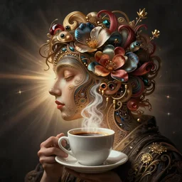 a person with cup of coffee for a head, surreal, intricate,