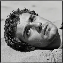 1 9 6 0 s movie still close up of marcus atilius regulus'face with the eyes wide open and ripped off eyelid, his body buried in the sand looking directly at the sun, cinestill 8 0 0 t 3 5 mm b & w, high quality, heavy grain, high detail, texture, dramatic light, anamorphic, hyperrealistic, detailed hair