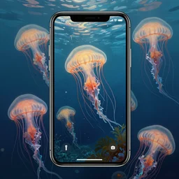 a surreal colourful painting of an iphone underwater surrounded by jellyfishes