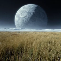 Grassy field on an alien frozen planet, cinematic perspective, by Syd Mead, John Harris, Federico Pelat