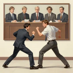artwork of a man fighting a panel of college professors by greg rutowski