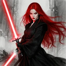 beautiful female sith warrior, long flowing red hair, bright red eyes, smooth porcelain skin, full black sith robe, wielding a red lightsaber, on crait, in the style of the battle of crait, high constrast colors, red white and black, detailed, digital art, trending on artstation, in the style of batwoman elegy by jh williams iii, drawn by jh williams iii, extremely detailed, extremely realistic, 8k, unreal engine, sketch, gothic, shadowy