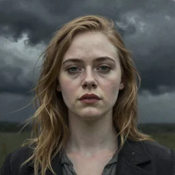 Elle Fanning in the style of Anni Albers, head and shoulders portrait, stormy weather, extremely detailed masterpiece,