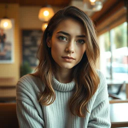 a photograph of a nerdy young woman wearing a sweater, tanned skin tone, sitting in a cozy cafe, dof, sharp focus, highly detailed face, symmetric face, realistic iris, cinestill 8 0 0 t, photography by paolo roversi