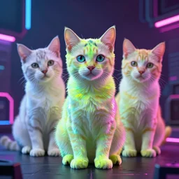 neon and fluorescent & iridescent kittens cyperpunk 2 0 7 7, unreal engine 5, 8 k ultra realistic, hyperdetailed, volumetric lighting, extremely high quality