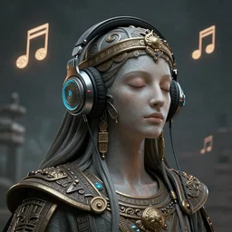 wizard, listening to godly music, futuristic headphones, music in the air, ancient, closed eyes, highly detailed, perfect proportions, highly intricate, art by tom bagshaw and alex gray