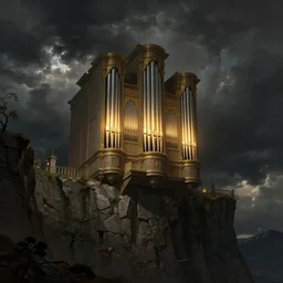 fantasy matte painting of a city-size glowing pipe organ hanging on the side of a massive cliff, dark stormy weather by Canaletto and