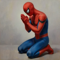 spiderman, kneeling, praying, head lowered, portrait, oil, painting