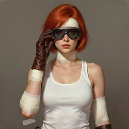 an portrait of a woman wearing a white tank top, lether gloves, googles, bandages, and red short hair, detailed, centered, digital painting, artstation, concept art, donato giancola, Joseph Christian Leyendecker, WLOP, Boris Vallejo, Breathtaking, 8k resolution, extremely detailed, beautiful, establishing shot, artistic