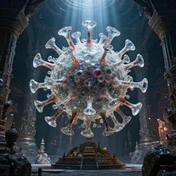 inside the temple of the virus god cult. large crystalline statue of a t 7 bacteriophage dominates the scene. horrifying beauty. behold the great virus! award - winning photograph hasselblad 1 6 k. lush detail and color. a shaft of light illuminates the crystalline virus