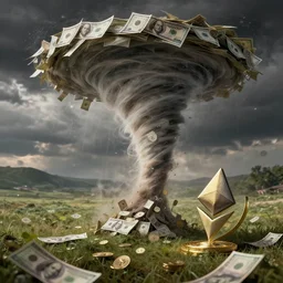 A tornado made of cash and Ethereum, crypto, magical, landscape art, concept art, intense, 4k UHD