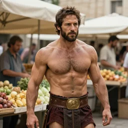 muscular short - haired paul rudd as mythical hercules, greek outdoor food market setting, natural lighting, depth of field, highly detailed, high quality, digital painting, by gaston bussiere, craig mullins, alphonse mucha j. c. leyendecker, tom of finland