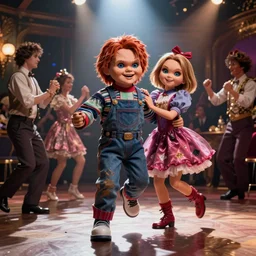 a photo of chucky  and his grildfriend with fancy clotes in a high dancing in a class party