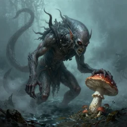 cthulhu emerging from the ocean and eating a mushroom, full body shot, matte painting, glorious, unsettling, misty, by lovecraft and greg rutkowski, luis royo and wayne barlowe, artstation