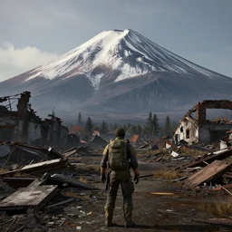 mt. fuji in ruins post - nuclear war in fallout 4, in game screenshot