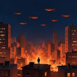 city overgrowth on fire + a lone man + (((school of fish flying in the sky))) + (((habitat 67))), Mads Berg, Karolis Strautniekas, film noir, textured light, dramatic lighting,editorial illustration, detailed,fine texture, matte print, dark blue + dark orange, red, black, extreme perspective, volumetric