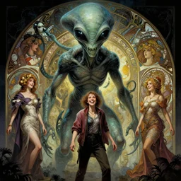 a gigantic alien from my own mind and send it back in time to a time of my own making horror, happy, highly detailed, digital painting, cinematic, hyperrealism, dark retrowave, art by stanley lau and artgerm and magali villeneuve and alphonse mucha