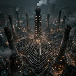 megacity, hive city, kowloon walled city, futuristic dystopian endless, intricate, complex, labyrinthine, byzantine, tangled, industrial megafactory complex, smokestacks, pipelines and ducts and vents, matte painting, steampunk, smoke, night, gloomy, dark, dramatic, cinematic, volumetric lighting, gods eye view