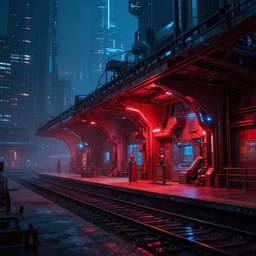 cargo train station, exterior, red glow, blue glow, scifi, machines, artificial intelligence, ultra realistic, highly detailed, futuristic landscape, industrial, city, atmosphere, highlighted, cinematic, art by jan urschel and neil blevins