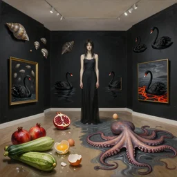 painting of a flooded art gallery room at an art gallery, black walls, a tall emo woman, a molluscs on the walls, black swans, lava, pomegranates, courgettes, raw eggs, egg shells, sensual, octopus tentacles coming from puddles, zen, surrealist, by magritte and monet