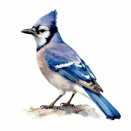 watercolor painting of a bluejay crossed with a raven, beautiful,