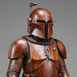 a highly polished walnut wooden sculpture of a mandolorian