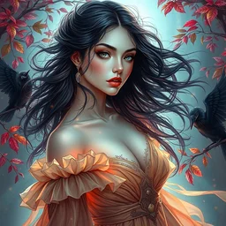 beautiful, haunting young woman, detailed gorgeous face, flowing hair, vaporwave aesthetic, synthwave long luxurious gown, colorful, branches, leaves, digital art, ravens, digital painting, artstation, concept art, smooth, sharp focus, illustration, art by artgerm and greg rutkowski and alphonse mucha