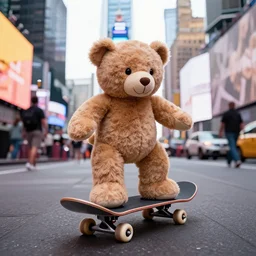 a teddy bear riding a skateboard in nyc times square