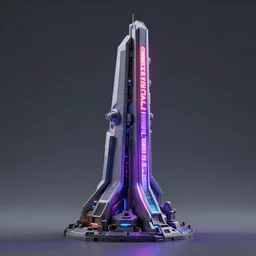 3 d sculpt environment building prop, tron, star citizen, halo, mass effect, artstation unreal of a technological device in the shape of an industrial angular tower vertical neon