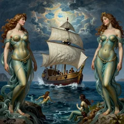 Odysseus's ship sailing past the island of the sirens, by Rolf Armstrong and Evelyn De Morgan and Bastien Lecouffe-Deharme, dramatic lighting, high contrast colors, baroque, empyrean, panoramic view, as trending on Artstation, highly detailed, doom engine,