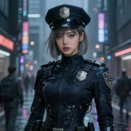 portrait lisa blackpink + medium grey hair of futuristic police girl, black armored uniform, at futuristic cyberpunk color tokyo rainy night, ssci - fi and fantasy, intricate and very very very beautiful, highly detailed, digital painting, artstation, concept art, smooth and sharp focus, illustration, art by tian zi and wlop and alphonse mucha