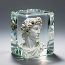 “Glued glass cubes in the shape of Greek God Apollo, refraction, light rays shining through, 4k photo”