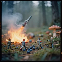 kodak portra 4 0 0, 5 0 0 mm tele lens, wetplate, depth of field, muted colours portrait by saul leiter, blueberry, 1 9 3 0 s style, fighting tin toy robots in a forest, fire, motion blur, rockets, bombs, haze, fog, mushrooms