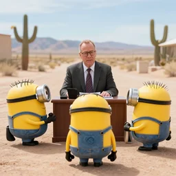 minions in albuquerque with saul goodman, they are requesting legal advice, 3 5 mm wide shot panning over the desert