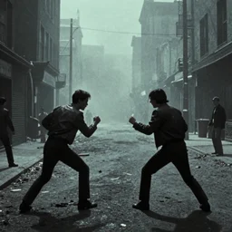 liminal space, cassette futurism, existential horror, people fighting, fighting to the death, street fight, atmospheric haze, film. illustration by edward hopper, norman rockwell. film still, 1 6 mm cinematography