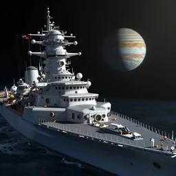 a battleship in space, planet jupiter in the distance, highly detailed, octane render, videogame screenshot