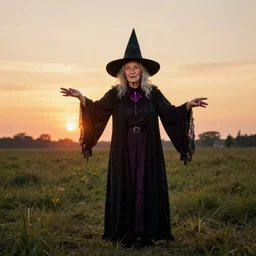 a vibrant photograph of a old witch, wide shot, outdoors, sunset photo at golden hour, wide - angle lens, soft focus, shot on a 2 0 0 3 camera, on flickr in 2 0 0 3