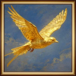 a painting of a golden bird flying through the sky, poster art by raymond swanland, deviantart, fantasy art, christian, deviantart, mystical