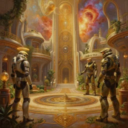 3 d render of an oil painting by donato giancola, warm coloured, highly detailed cinematic scifi luxurious futuristic victorian garden courtyard, beeple, halo, star wars, ilm, star citizen, halo, mass effect, high tech industrial, artstation unreal, nebula, 4 k, 8 k, hd
