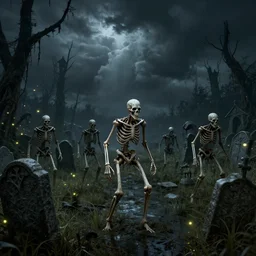 realistic rendering, skelton warriors, crypt in a swamp, gravestones, night, dnd, spooky, stormclouds, fireflies, highly detailed, by jeff easley and larry elmore and tim hildebrandt, 4 k, 5 0 mm, unreal engine, natural light, adobe photoshop