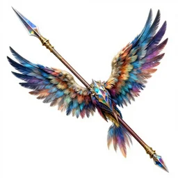picture of long spear made of multicoloured feathered wings, prismatic, full detailed drawing, hyperrealism, full weapon drawing, magic the gathering, white background