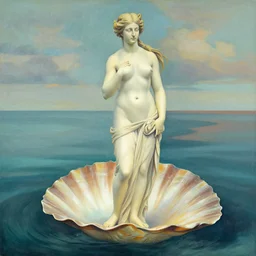 lifelike by liu ye, by kadir nelson. the drawing of the moment when the goddess venus is born from the sea. she is shown standing on a giant clam shell, with her long, flowing hair blowing in the wind. the drawing is full of light & color, & venus looks like she is about to step into a beautiful, bright future.