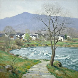 a gorgeous very early spring landscape painting by barlowe wayne maxfield parrish and marco mazzoni. tree no leaf!!!! china mountain village!! grey blue and very little light verdancy. the winding stone steps. ultra clear detailed. 3 d, octane render. turbulent blood lake.